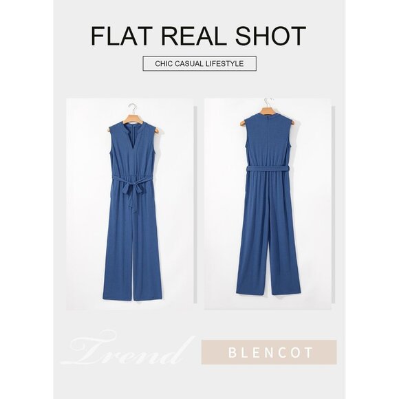 Blencot Women Blue Dressy Summer Belted V Neck Wide Leg Outfits with Pockets - Picture 4 of 6